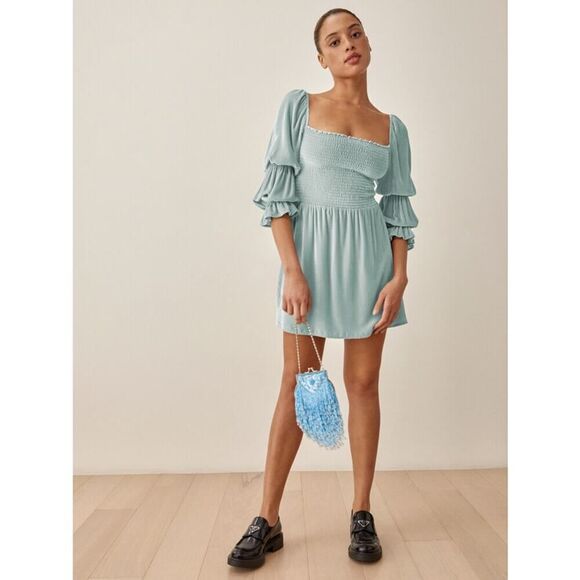Reformation Dresses & Skirts - Reformation Albi Velvet Smocked Mini Dress Powder Blue Size Medium